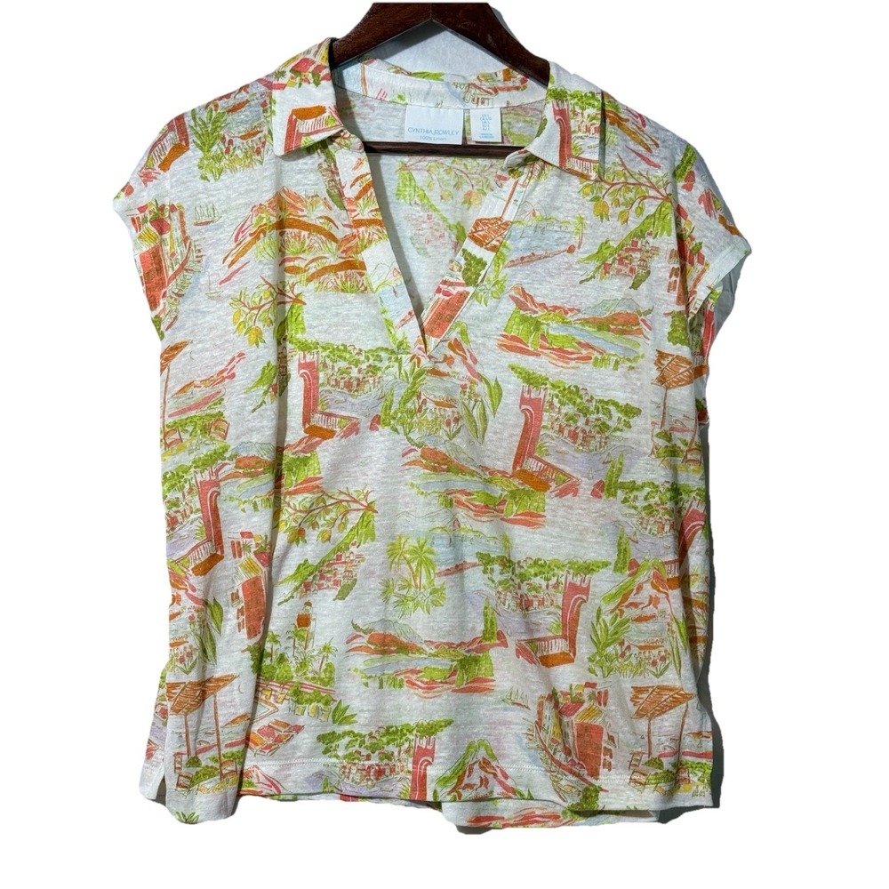 CYNTHIA ROWLEY Womens Lg Linen Scenic Print V Neck Blouse Mediterranean Resort